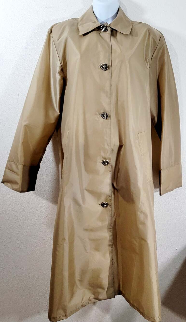 VTG Aqua Sheen Tan Brown Lightweight Raincoat Small Button Up Pocket Collard